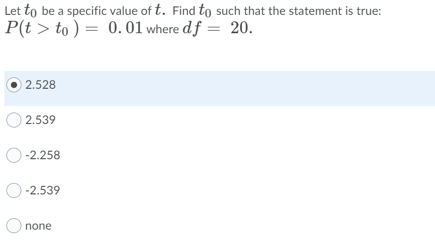 Let to be a specific value oft. Find to such that the statement is true:
P(t > to ) = 0.01 where df = 20.
2.528
2.539
-2.258
-2.539
none
