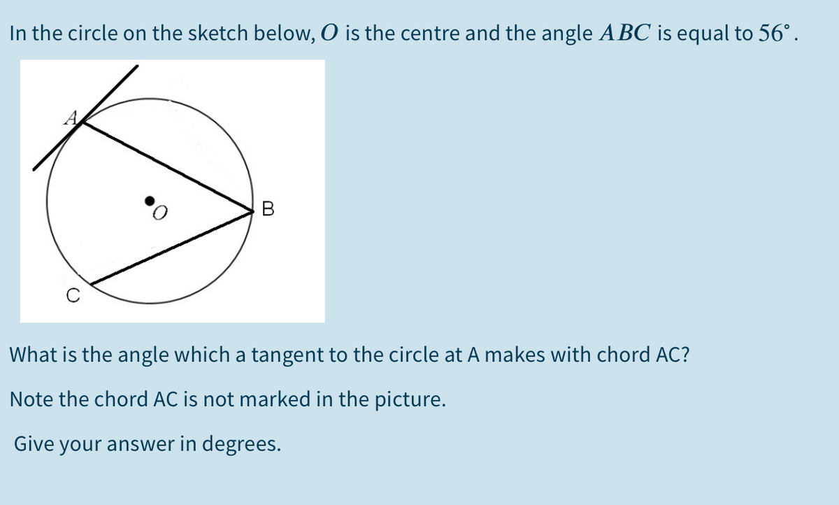 In the circle on the sketch below, O is the centre and the angle A BC is equal to 56°.
What is the angle which a tangent to the circle at A makes with chord AC?
Note the chord AC is not marked in the picture.
Give your answer in degrees.
