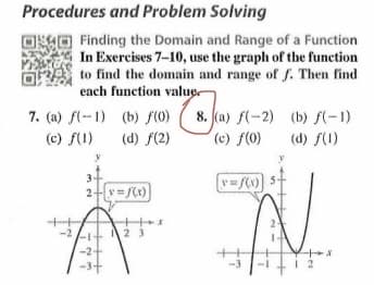 Procedures and Problem Solving
Finding the Domain and Range of a Function
In Exercises 7-10, use the graph of the function
to find the domain and range of f. Then find
each function value.
7. (a) f(-1) (b) f(0)
(c) f(1)
(d) f(2)
32
3-
-[y=f(x)
23
8. (a) f(-2) (b) f(-1)
(c) ƒ(0)
(d) f(1)
[v=f(x)]
+x