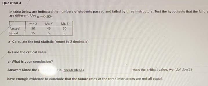 Question 4
In table below are indicated the numbers of students passed and failed by three instructors. Test the hypothesis that the failure
are different. Use
a=0.05-
Mr. X
Mr. Y
Mr. Z
Passed
Failed
50
45
50
15
35
a- Caiculate the test statistic (round to 2 decimals)
b- Find the critical value
c- What is your conclusion?
Answer: Since the i
: is (greater/less)
than the critical value, we (dol don't)
have enough evidence to conclude that the failure rates of the three instructors are not all equal.
