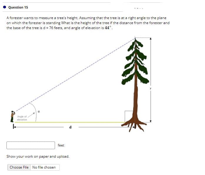 Question 15
A forester wants to measure a tree's height. Assuming that the tree is at a right angle to the plane
on which the forester is standing What is the height of the tree if the distance from the forester and
the base of the tree is d = 76 feets, and angle of elevation is 44°.
Angle of
elevation
feet
Show your work on paper and upload.
Choose File No file chosen
