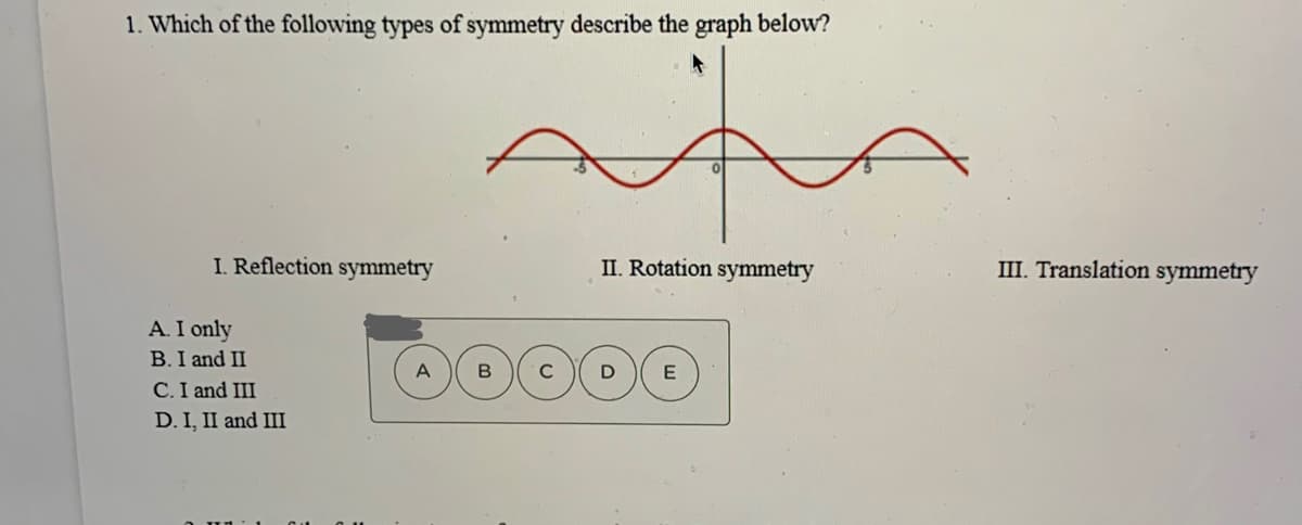 1. Which of the following types of symmetry describe the graph below?
I. Reflection symmetry
II. Rotation symmetry
III. Translation symmetry
A. I only
B. I and II
A
C
C. I and III
D. I, II and III
