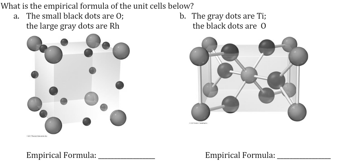 What is the empirical formula of the unit cells below?
a. The small black dots are O;
the large gray dots are Rh
b. The gray dots are Ti;
the black dots are 0
Empirical Formula:
Empirical Formula:
