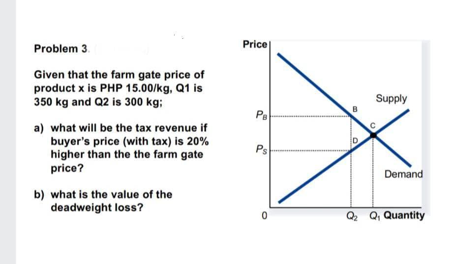 Problem 3.
Given that the farm gate price of
product x is PHP 15.00/kg, Q1 is
350 kg and Q2 is 300 kg;
a) what will be the tax revenue if
buyer's price (with tax) is 20%
higher than the the farm gate
price?
b) what is the value of the
deadweight loss?
Price
PB
Ps
0
***********
B
В
D
Supply
Demand
Q2 Q₁ Quantity