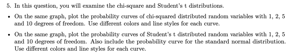 5. In this question, you will examine the chi-square and Student's t distributions.
• On the same graph, plot the probability curves of chi-squared distributed random variables with 1, 2, 5
and 10 degrees of freedom. Use different colors and line styles for each curve.
• On the same graph, plot the probability curves of Student's t distributed random variables with 1, 2, 5
and 10 degrees of freedom. Also include the probability curve for the standard normal distribution.
Use different colors and line styles for each curve.