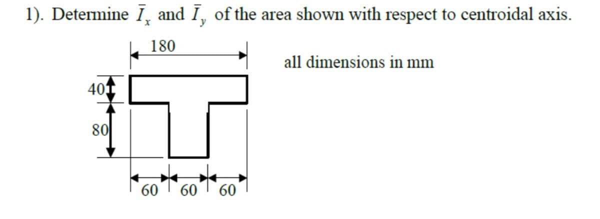 1). Determine Ī¸ and Ī, of the area shown with respect to centroidal axis.
y
180
1
80
401
60
all dimensions in mm