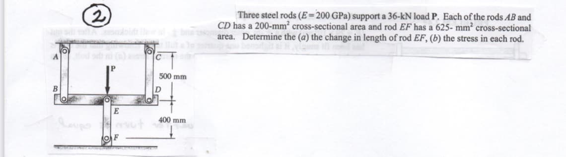 2)
Three steel rods (E=200 GPa) support a 36-kN load P. Each of the rods AB and
CD has a 200-mm² cross-sectional area and rod EF has a 625- mm² cross-sectional
area. Determine the (a) the change in length of rod EF, (b) the stress in each rod.
C
500 mm
B
E
400 mm
