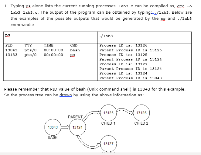 1. Typing ps alone lists the current running processes. lab3.c can be compiled as, gcc -o
lab3 lab3.c. The output of the program can be obtained by typing:/lab3. Below are
the examples of the possible outputs that would be generated by the ps and ./lab3
commands:
./lab3
PID
TTY
TIME
CMD
Process ID is: 13126
pts/0
pts/0
13043
00:00:00
bash
Parent Process ID is 13125
13133
00:00:00
RE
Process ID is: 13125
Parent Process ID is 13124
Process ID is: 13127
Parent Process ID is 13124
Process ID is: 13124
Parent Process ID is 13043
Please remember that PID value of bash (Unix command shell) is 13043 for this example.
So the process tree can be drown by using the above information as:
13125
13126
PARENT
CHILD 1
CHILD 2
13043
13124
BASH
13127

