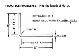 PRACTICE PROBLEM 1 - Find the length of Flat A.
SETBACK- R•T
BEND ALLOWANCE-_2n(R• 1/2T)
6"
3/16" R.
Co.0625
FLAT A
8"
-FLAT B-
