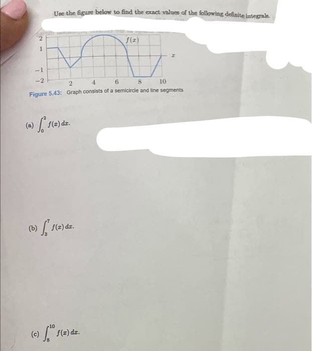 2
1
Use the figure below to find the exact values of the following definite integrals.
f(x)
MU
4
6
-1
TIDMAP
2
8
10
Figure 5.43: Graph consists of a semicircle and line segments
(a) f(2) dz
(b) f f(z) dz.
-10
(Ⓒ) tº f(z)
f(x) dz.