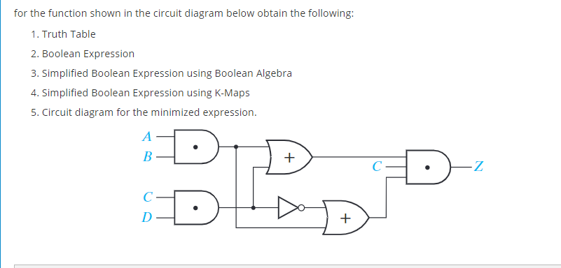 for the function shown in the circuit diagram below obtain the following:
1. Truth Table
2. Boolean Expression
3. Simplified Boolean Expression using Boolean Algebra
4. Simplified Boolean Expression using K-Maps
5. Circuit diagram for the minimized expression.
PP
A
В -
+
D
+
