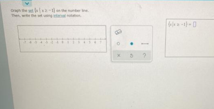 Graph the set (x |x2-1) on the number line.
Then, write the set using interval notation.
%24
