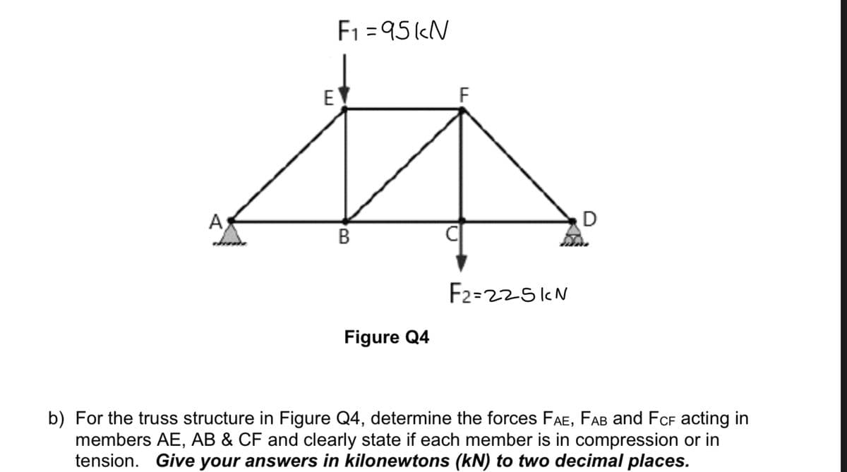 F1 =95«N
EY
F
A
D
В
F2=225KN
Figure Q4
b) For the truss structure in Figure Q4, determine the forces FAe, FAB and FCF acting in
members AE, AB & CF and clearly state if each member is in compression or in
tension. Give your answers in kilonewtons (kN) to two decimal places.
