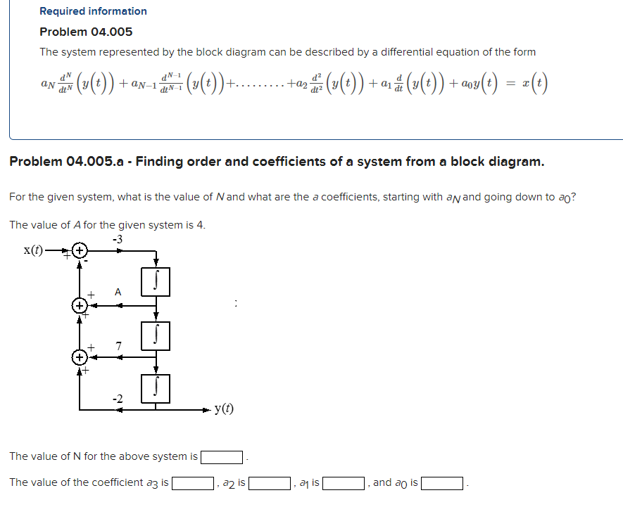 Required information
Problem 04.005
The system represented by the block diagram can be described by a differential equation of the form
dN-1
+ aN-1
dtN-1
.+을 ( + a 숲 (x()) + apu() = «()
v(e))
d?
t))+.
+ a0y (t) =
Problem 04.005.a - Finding order and coefficients of a system from a block diagram.
For the given system, what is the value of Nand what are the a coefficients, starting with an and going down to ao?
The value of A for the given system is 4.
-3
x(t)-
A
-2
y(t)
The value of N for the above system is
The value of the coefficient az is
a2 is
an is
and ao is
