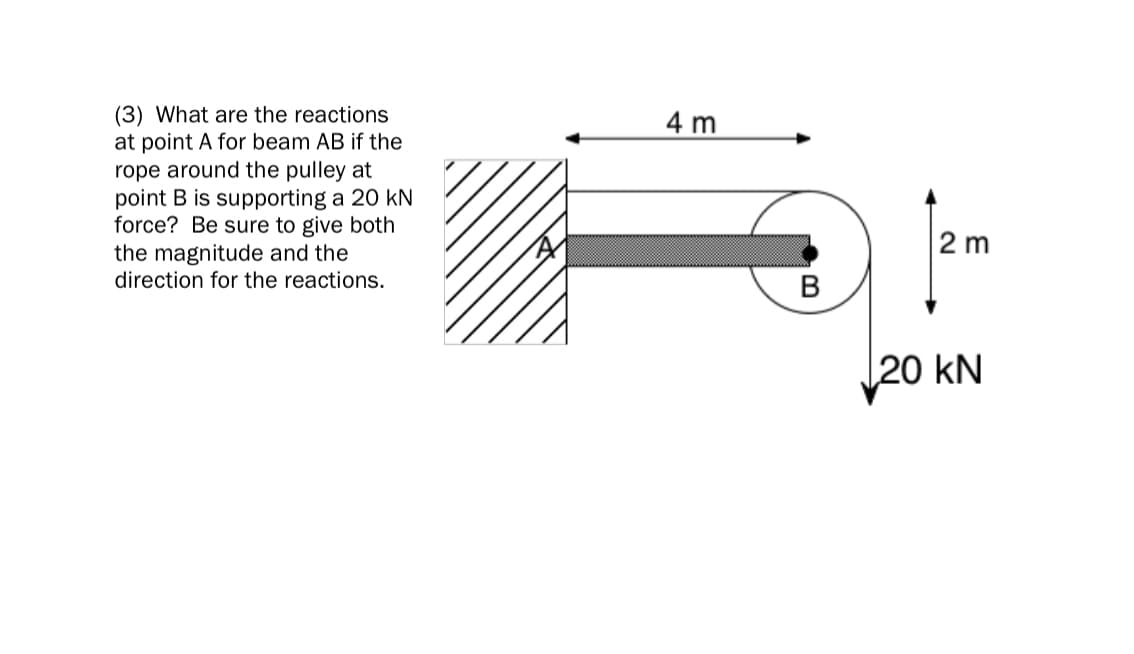 (3) What are the reactions
at point A for beam AB if the
rope around the pulley at
point B is supporting a 20 kN
force? Be sure to give both
the magnitude and the
direction for the reactions.
4 m
2 m
20 kN
