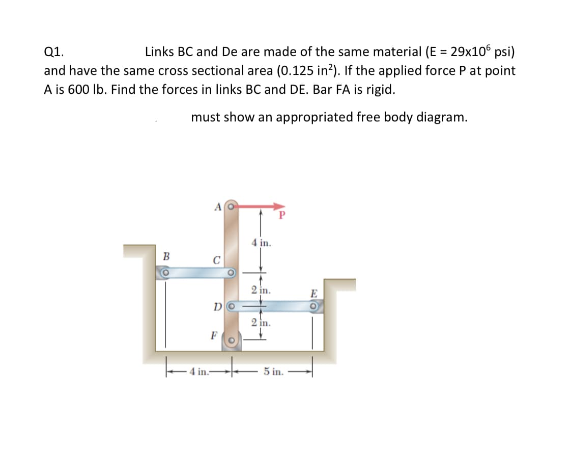 Q1.
Links BC and De are made of the same material (E = 29x10° psi)
%3D
and have the same cross sectional area (0.125 in?). If the applied force P at point
A is 600 lb. Find the forces in links BC and DE. Bar FA is rigid.
must show an appropriated free body diagram.
AO
P
4 in.
B
C
2 in.
E
DO
2 in.
F
4 in.-
5 in.
