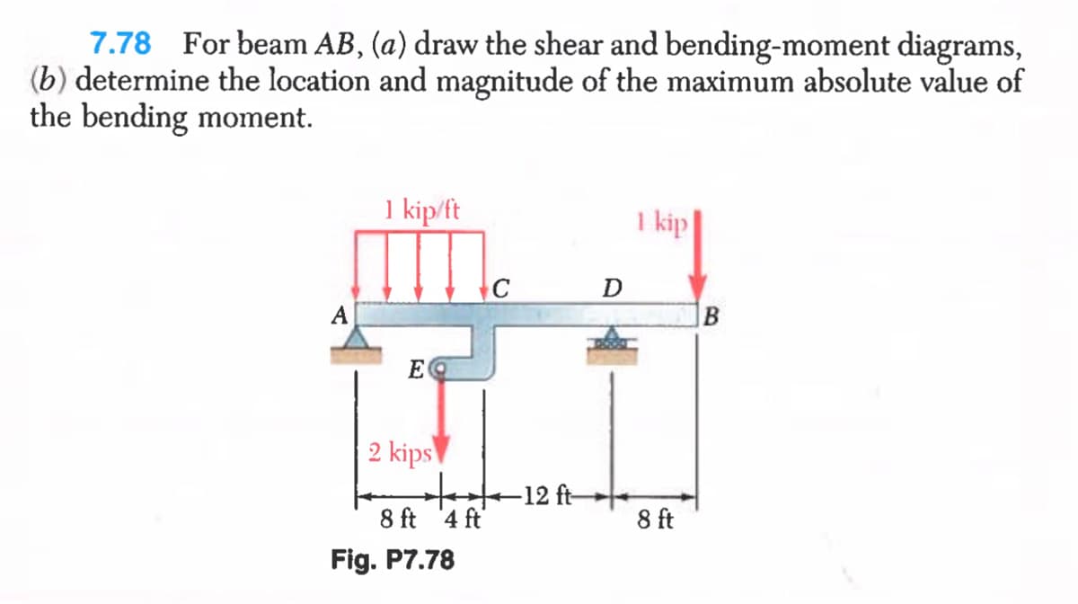 7.78 For beam AB, (a) draw the shear and bending-moment diagrams,
(b) determine the location and magnitude of the maximum absolute value of
the bending moment.
1 kip/ft
I kip
A
EQ
2 kips
lo-12 ft
8 ft '4 ft'
8 ft
Fig. P7.78
