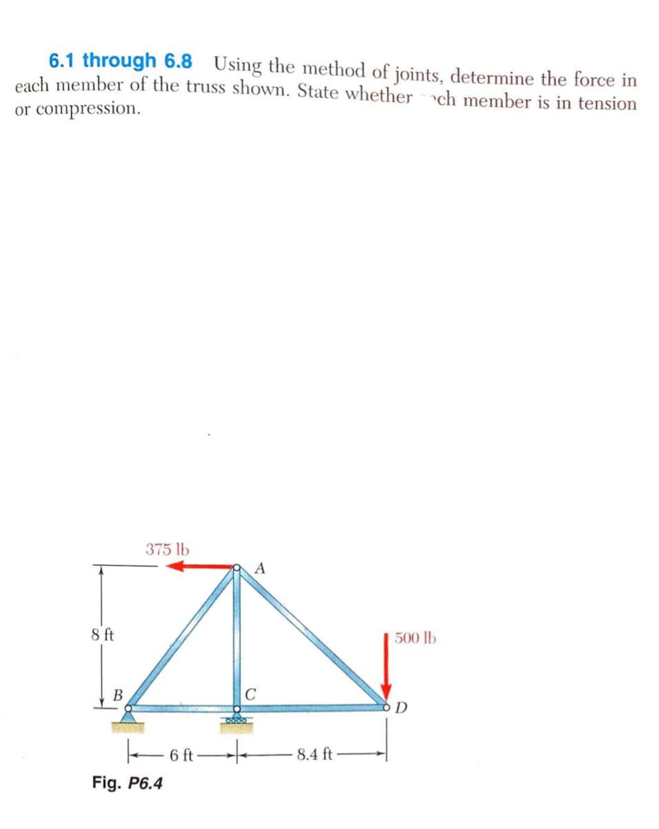 6.1 through 6.8 Using the method of joints, determine the force in
each member of the truss shown. State whether ch member is in tension
or compression.
375 lb
A
8 ft
500 lb
В
C
O D
8.4 ft
Fig. P6.4

