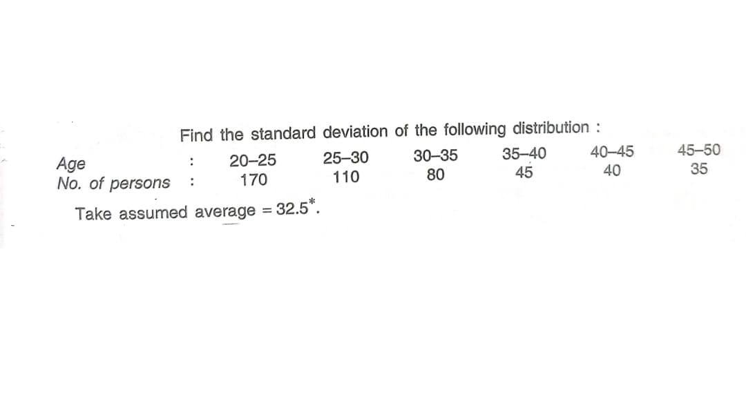 Find the standard deviation of the following distribution :
40-45
40
25-30
30-35
35-40
45-50
Age
No. of persons
20-25
170
:
110
80
45
35
:
Take assumed average = 32.5".
