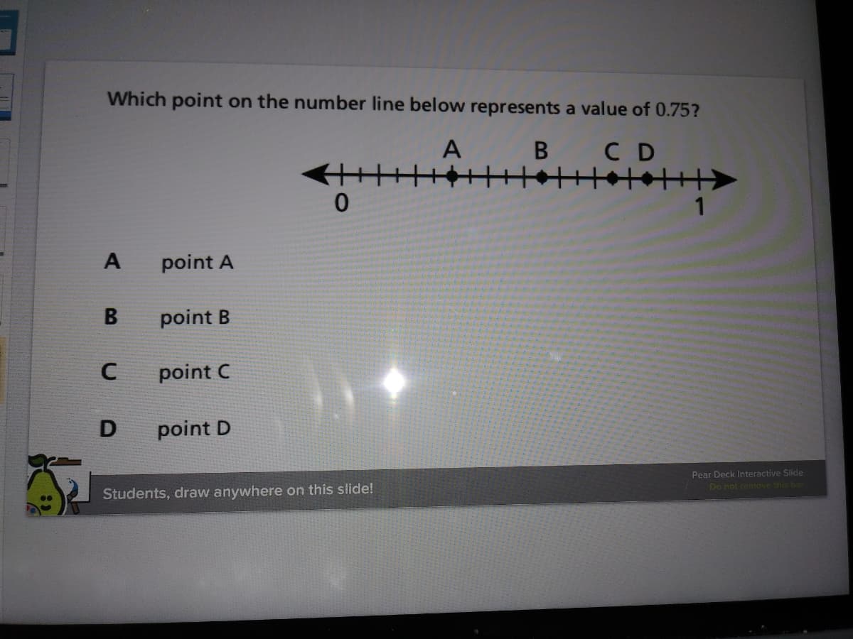 Which point on the number line below represents a value of 0.75?
A
C D
A
point A
point B
point C
point D
Pear Deck Interactive Slide
Do not remove this bar
Students, draw anywhere on this slide!
