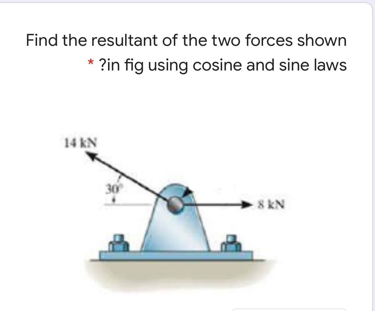 Find the resultant of the two forces shown
?in fig using cosine and sine laws
14 kN
30
8 kN
