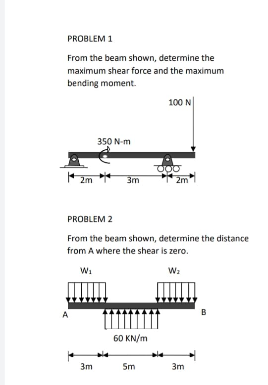 PROBLEM 1
From the beam shown, determine the
maximum shear force and the maximum
bending moment.
100 N
350 N-m
2m
3m
2m
PROBLEM 2
From the beam shown, determine the distance
from A where the shear is zero.
W1
W2
A
B
60 KN/m
3m
5m
3m
