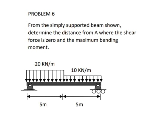 PROBLEM 6
From the simply supported beam shown,
determine the distance from A where the shear
force is zero and the maximum bending
moment.
20 KN/m
10 KN/m
5m
5m
