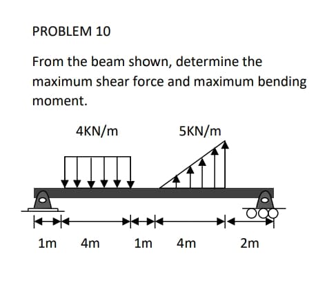 PROBLEM 10
From the beam shown, determine the
maximum shear force and maximum bending
moment.
4KN/m
5KN/m
1m
4m
1m
4m
2m
