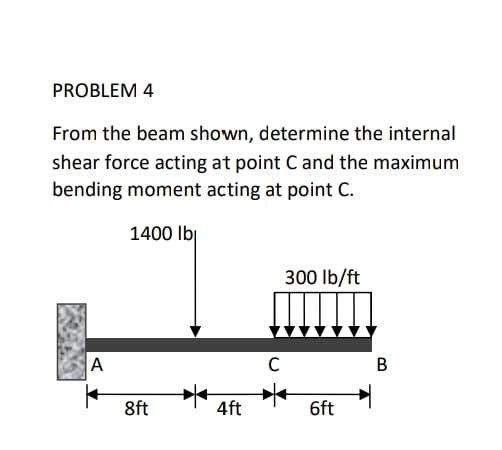 PROBLEM 4
From the beam shown, determine the internal
shear force acting at point C and the maximum
bending moment acting at point C.
1400 lbj
300 lb/ft
A
В
8ft
4ft
6ft
