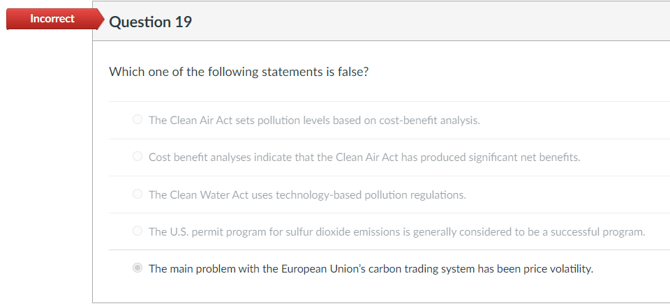 Incorrect
Question 19
Which one of the following statements is false?
The Clean Air Act sets pollution levels based on cost-benefit analysis.
O Cost benefit analyses indicate that the Clean Air Act has produced significant net benefits.
O The Clean Water Act uses technology-based pollution regulations.
O The U.S. permit program for sulfur dioxide emissions is generally considered to be a successful program.
The main problem with the European Union's carbon trading system has been price volatility.
