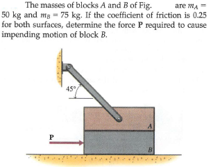The masses of blocks A and B of Fig.
50 kg and mg = 75 kg. If the coefficient of friction is 0.25
for both surfaces, determine the force P required to cause
impending motion of block B.
are mA
45°
A.
P
B

