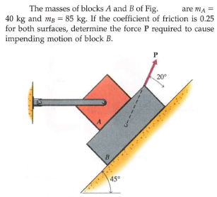 The masses of blocks A and B of Fig.
40 kg and mg = 85 kg. If the coefficient of friction is 0.25
for both surfaces, determine the force P required to cause
impending motion of block B.
are mA =
P
20°
B.
45
