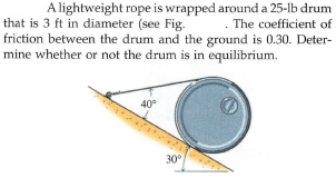 A lightweight rope is wrapped around a 25-lb drum
. The coefficient of
that is 3 ft in diameter (see Fig.
friction between the drum and the ground is 0.30. Deter-
mine whether or not the drum is in equilibrium.
40°
30°
