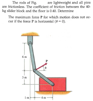 The rods of Fig.
are frictionless. The coefficient of friction between the 40-
kg slider block and the floor is 0.40. Determine
are lightweight and all pins
The maximum force P for which motion does not oc-
cur if the force P is horizontal (0 = 0).
6 m
3 m
Im
4 m
