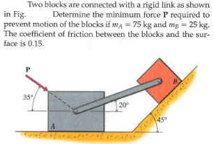 Two blocks are connected with a rigid link as shown
in Fig.
prevent motion of the blocks if ma = 75 kg and mg = 25 kg.
The coefficient of friction between the blocks and the sur-
Determine the minimum force P required to
face is 0.15.
P
B
35°
20°
45
