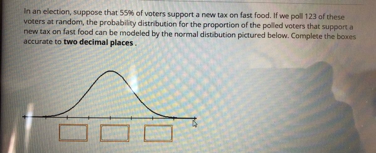 In an election, suppose that 55% of voters support a new tax on fast food. If we poll 123 of these
voters at random, the probability distribution for the proportion of the polled voters that support a
new tax on fast food can be modeled by the normal distibution pictured below. Complete the boxes
accurate to two decimal places.
