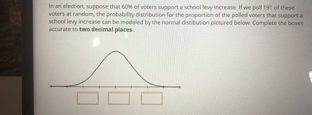 In an election, suppose that 60% of voters support a school levy increase. If we poll191 of these
voters at random, the probability distribution for the proportion of the polled voters that support a
school levy increase can be modeled by the normal distibution pictured below. Complete the boxes
accurate to two decimal places.
