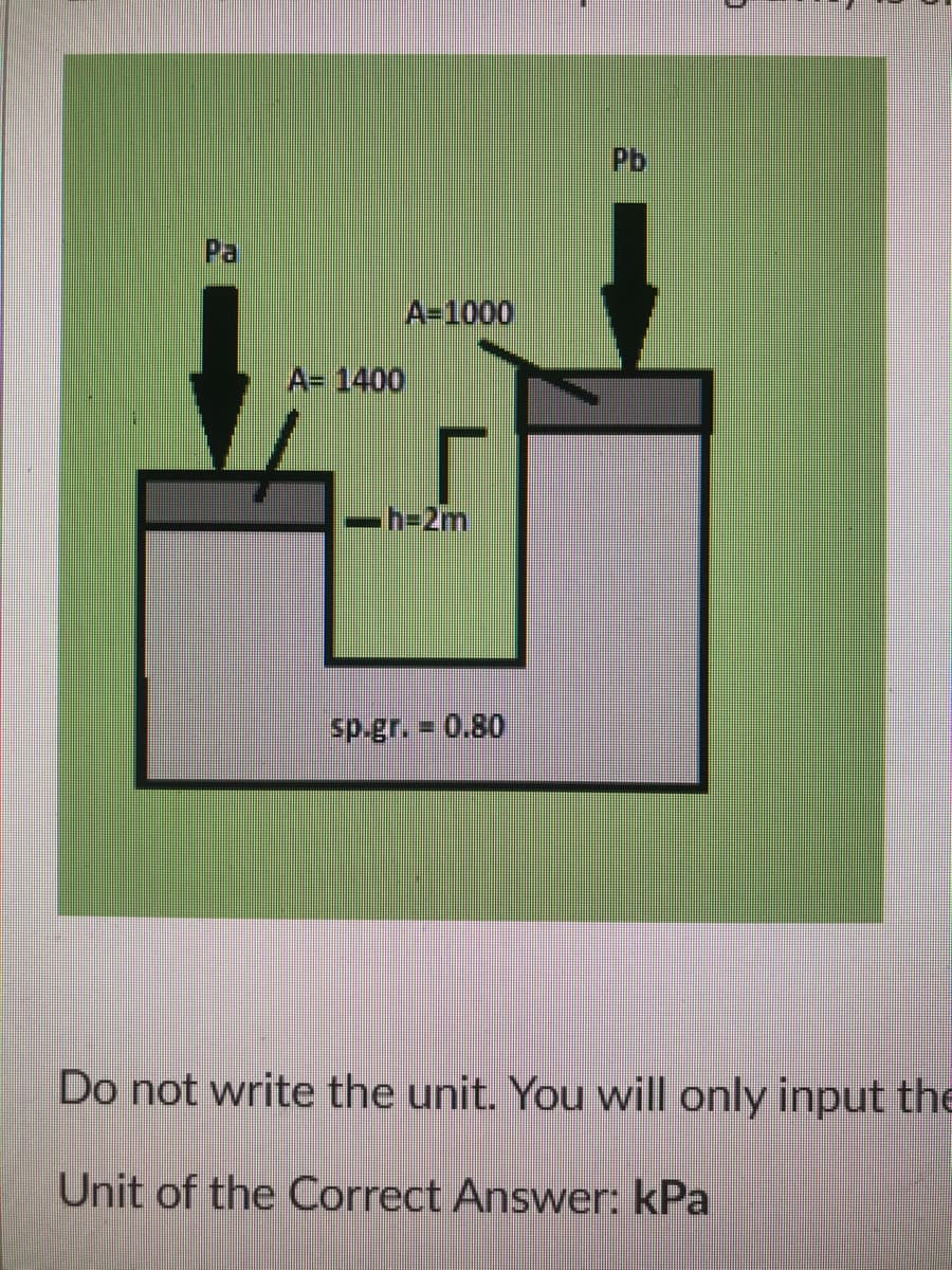 Pb
Pa
A=1000
A= 1400
sp.gr. 0.80
Do not write the unit. You will only input the
Unit of the Correct Answer: kPa
