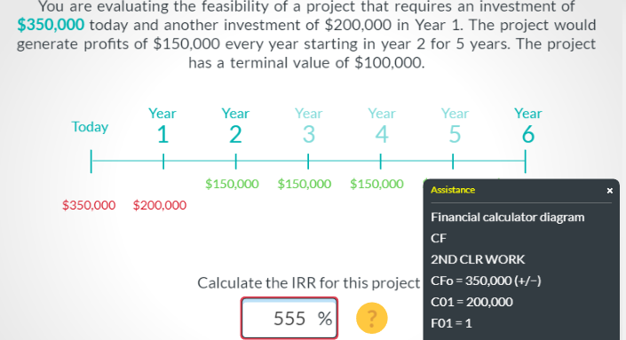 You are evaluating the feasibility of a project that requires an investment of
$350,000 today and another investment of $200,000 in Year 1. The project would
generate profits of $150,000 every year starting in year 2 for 5 years. The project
has a terminal value of $100,000.
Year
Year
Year
Year
Year
Year
Today
1
3.
4
6
+
$150,000 $150,000 $150,000
Assistance
$350,000
$200,000
Financial calculator diagram
CF
2ND CLR WORK
Calculate the IRR for this project CFo = 350,000 (+/-)
CO1 = 200,000
F01 = 1
555 %
