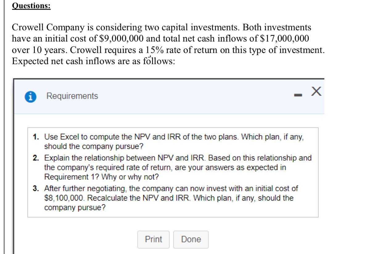 Questions:
Crowell Company is considering two capital investments. Both investments
have an initial cost of $9,000,000 and total net cash inflows of $17,000,000
over 10 years. Crowell requires a 15% rate of return on this type of investment.
Expected net cash inflows are as follows:
Requirements
1. Use Excel to compute the NPV and IRR of the two plans. Which plan, if any,
should the company pursue?
2. Explain the relationship between NPV and IRR. Based on this relationship and
the company's required rate of return, are your answers as expected in
Requirement 1? Why or why not?
3. After further negotiating, the company can now invest with an initial cost of
$8,100,000. Recalculate the NPV and IRR. Which plan, if any, should the
company pursue?
Print
Done
