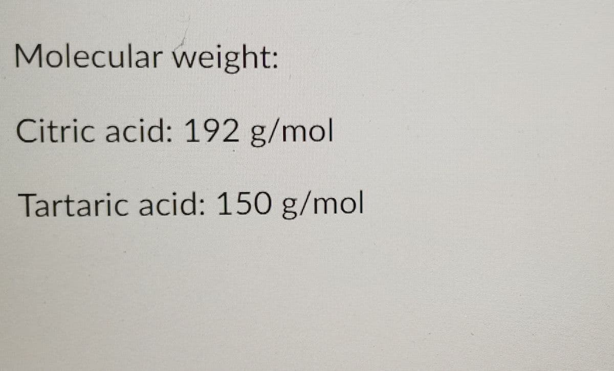 Molecular weight:
Citric acid: 192 g/mol
Tartaric acid: 150 g/mol