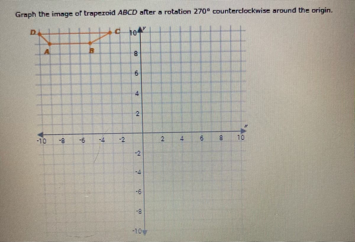 Graph the image of trapezoid ABCD after a rotation 270° counterclockwise around the origin.
10
6.
2.
-10
-10
