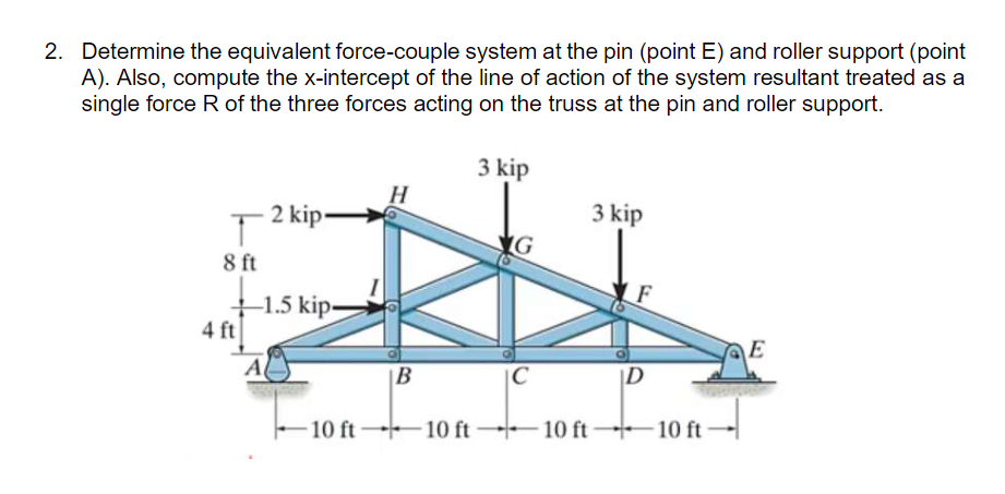 2. Determine the equivalent force-couple system at the pin (point E) and roller support (point
A). Also, compute the x-intercept of the line of action of the system resultant treated as a
single force R of the three forces acting on the truss at the pin and roller support.
3 kip
H
2 kip
3 kip
8 ft
1.5 kip-
4 ft
E
Al
|C
E10 ft 10 ft-
10 ft-
10 ft
-10 ft -

