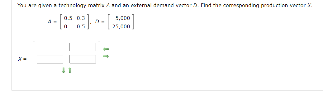 You are given a technology matrix A and an external demand vector D. Find the corresponding production vector X.
0.5 0.3
5,000
A =
D =
0.5
25,000
