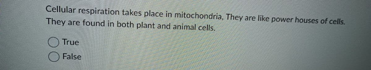 Cellular respiration takes place in mitochondria, They are like power houses of cells.
They are found in both plant and animal cells.
True
False
