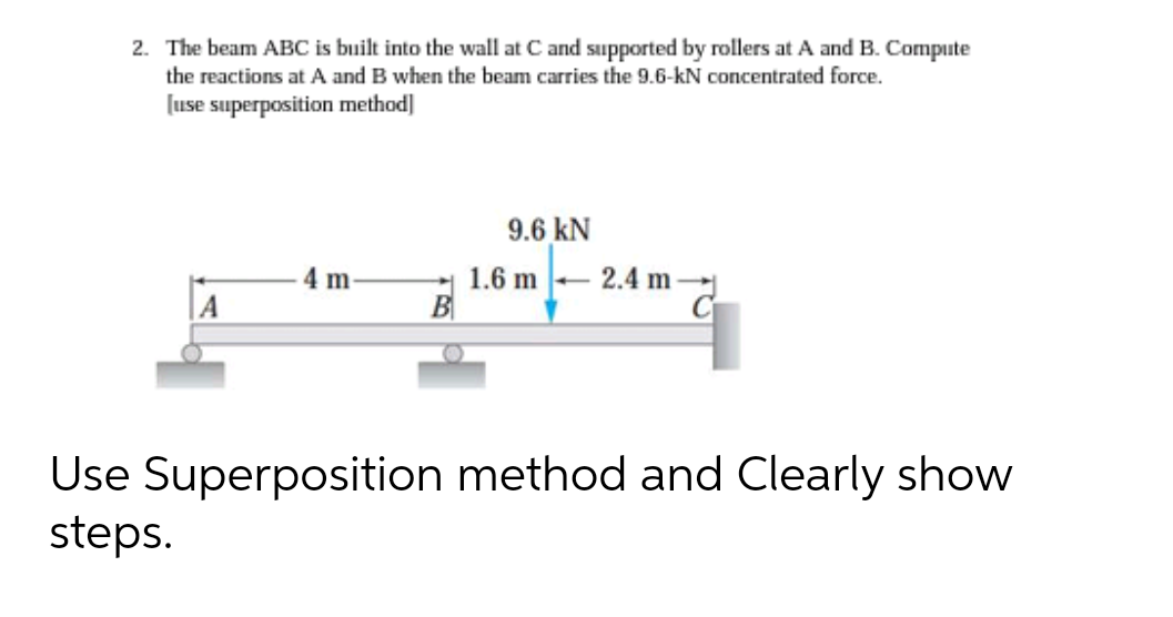 2. The beam ABC is built into the wall at C and supported by rollers at A and B. Compute
the reactions at A and B when the beam carries the 9.6-kN concentrated force.
[use superposition method]
9.6 kN
m
1.6 m 2.4 m
A
Use Superposition method and Clearly show
steps.