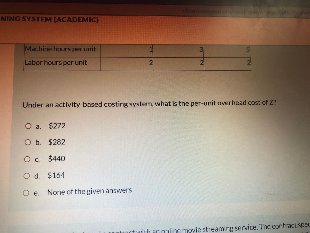 elearn.squ.edu.om/mod/quiz/attenot.php?attemp
ENING SYSTEM (ACADEMIC)
Machine hours per unit
1
3
Labor hours per unit
2
2
2
Under an activity-based costing system, what is the per-unit overhead cost of Z?
a. $272
O b. $282
O c. $440
Od.
O d. $164
Oe.
None of the given answers
nontract with an online movie streaming service. The contract sped
