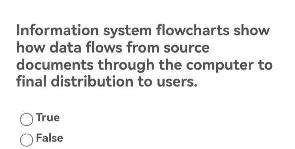 Information system flowcharts show
how data flows from source
documents through the computer to
final distribution to users.
True
False