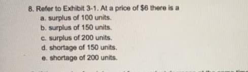 8. Refer to Exhibit 3-1. At a price of $6 there is a
a. surplus of 100 units.
b. surplus of 150 units.
C. surplus of 200 units.
d. shortage of 150 units.
e. shortage of 200 units.
