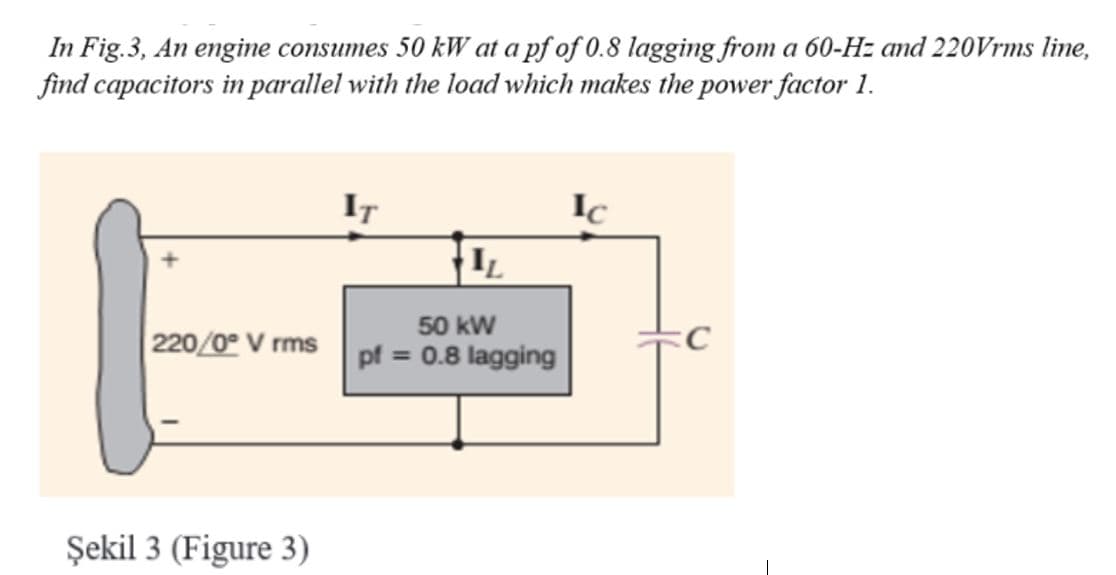 In Fig.3, An engine consumes 50 kW at a pf of 0.8 lagging from a 60-Hz and 220Vrms line,
find capacitors in parallel with the load which makes the power factor 1.
IT
Ic
IL
50 kW
220/0° V rms pf = 0.8 lagging
Şekil 3 (Figure 3)
